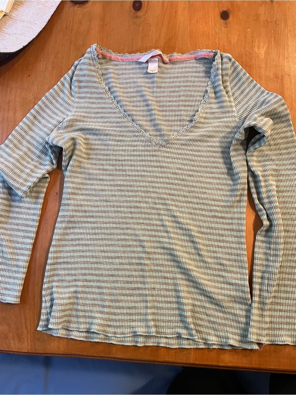 Victoria's Secret Striped Ribbed V-Neck Long Sleeve Top - Light Teal and Gray